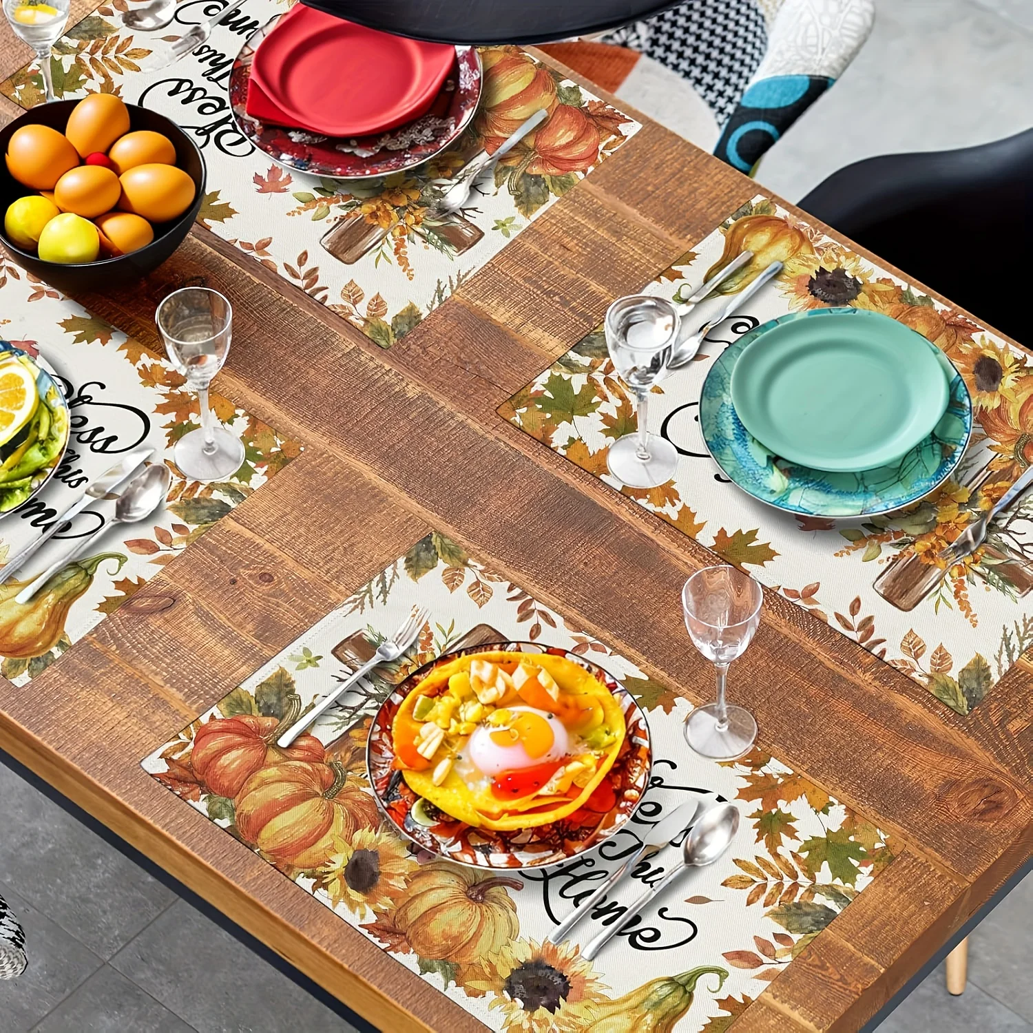 Autumn Cross Pumpkin Placemats, Sunflower Maple Leaf Orange Linen Country Farmhouse Decor Kitchen Table Mats 4PCS