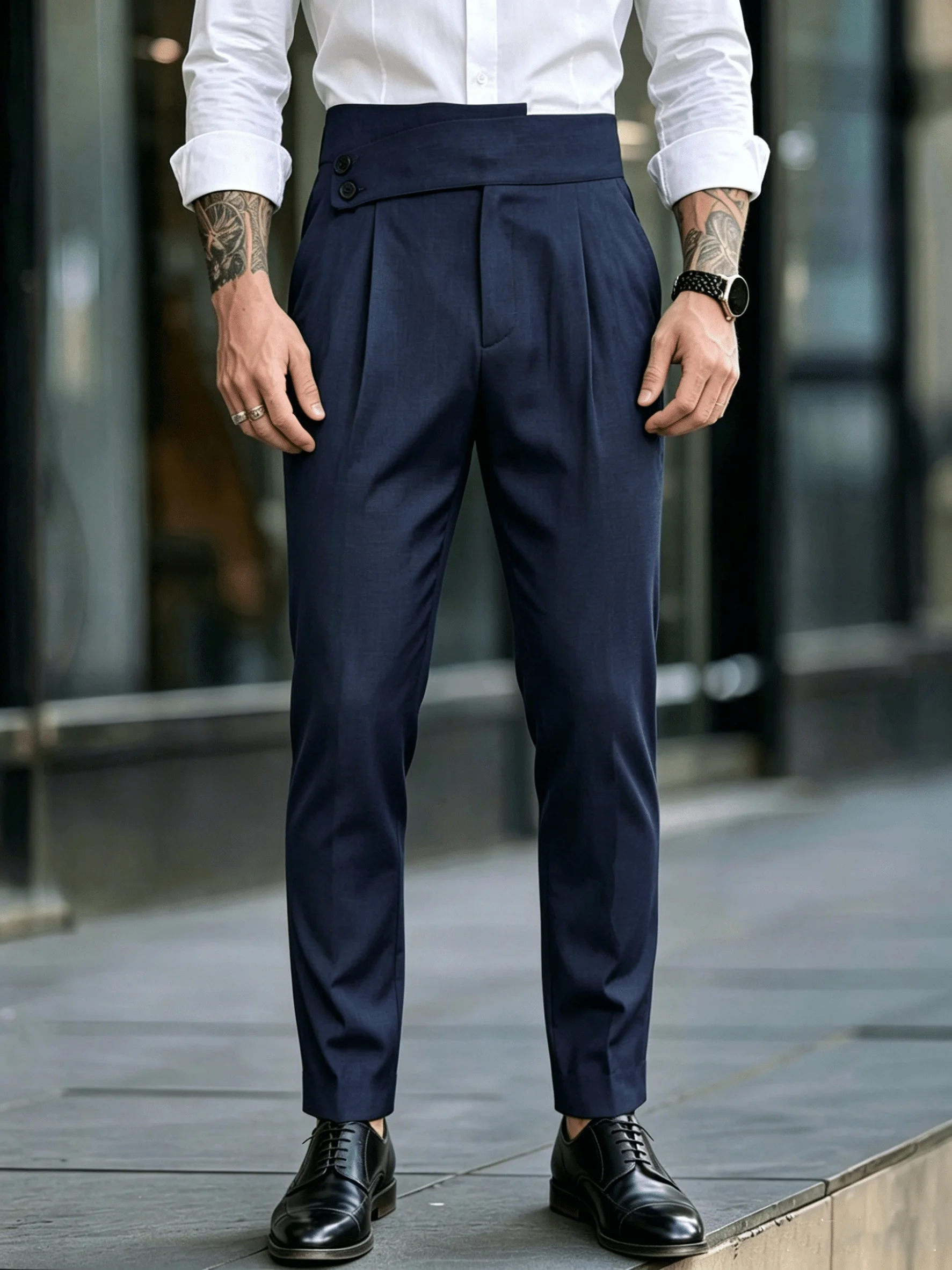 Men's Italian Navy High-Waisted Trousers with Crossed Waistband, Drape-Effect Straight Fit Business Suit Pants