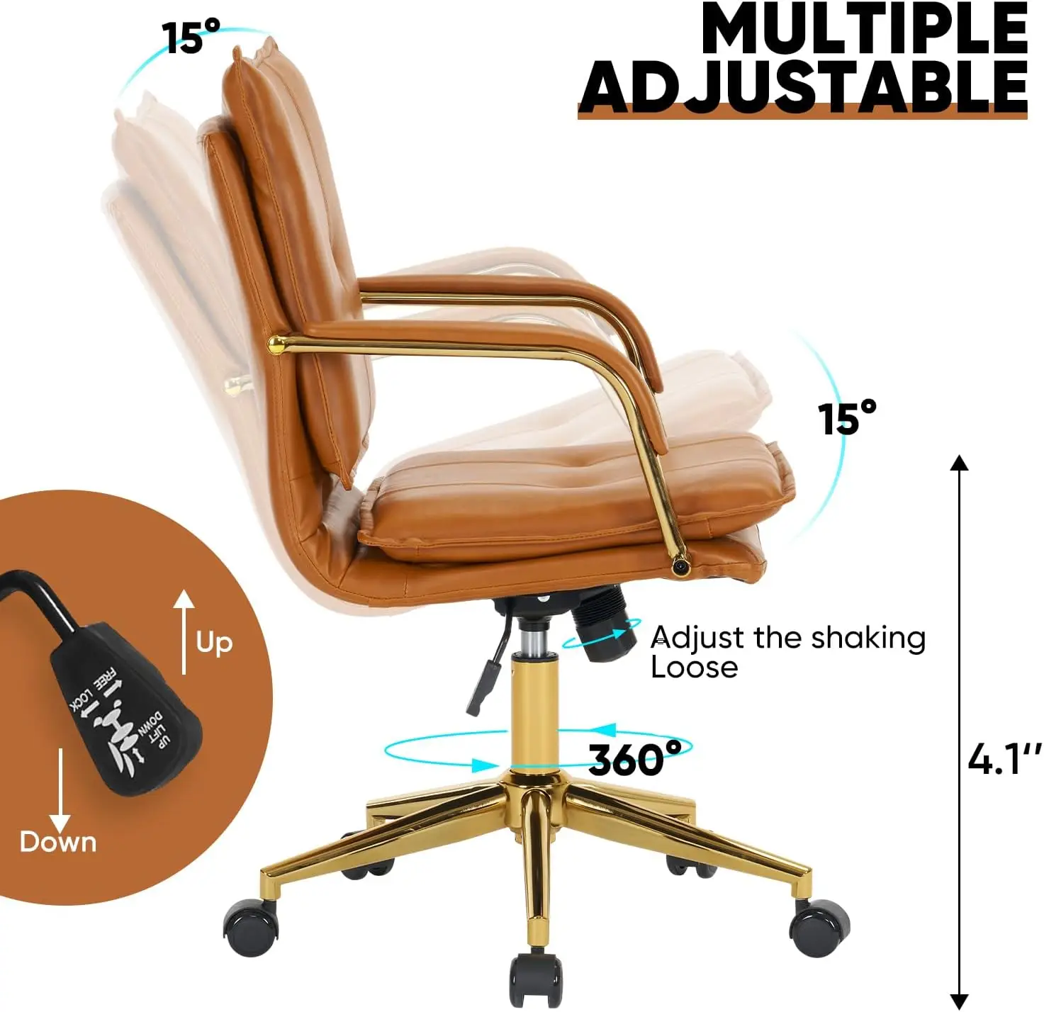 Mid-Back Ergonomic Leather Office Chair, Modern Upholstered Executive Desk Chair with Gold Frame Armrest Computer Task Chair (Ca