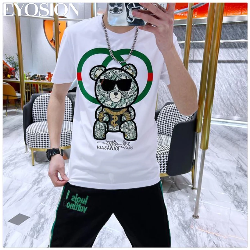 New Summer Men\'s T Shirt 2022 Fashion Bear Dollar Print Hip Hop Short Sleeve Casual Cotton Streetwear Top Tees O-neck Plus Size