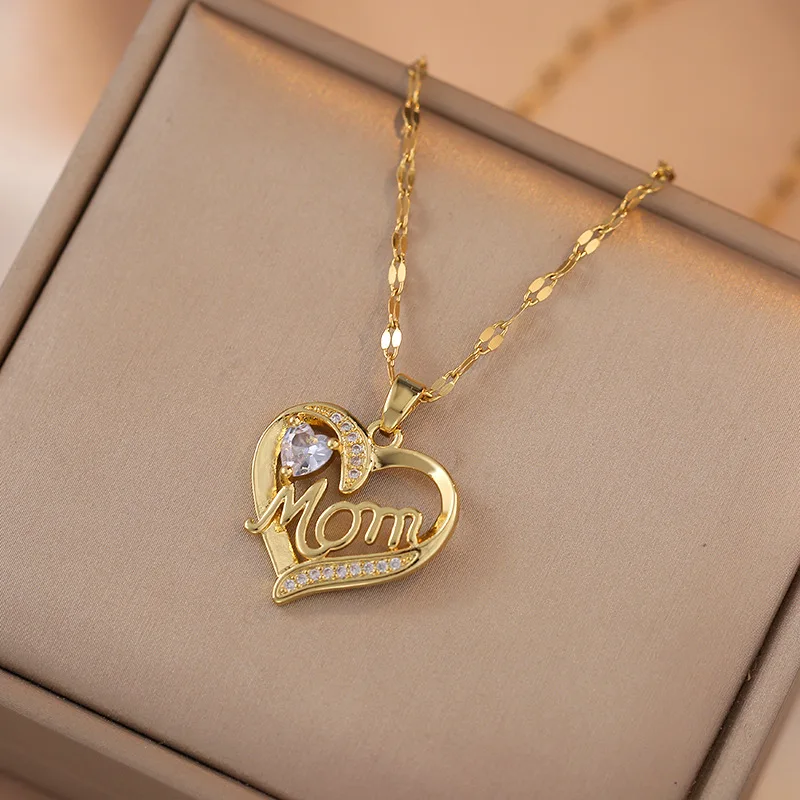 Fashion CZ Zircon Mama mom Heart Pendant Necklace,Stainless Steel Chain Fine Jewelry Gifts For Mama, Gifts for Mothers Day