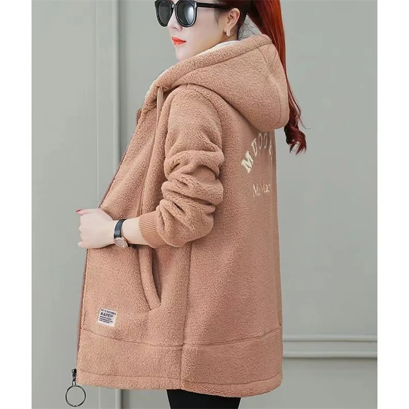 Add Fleece Thick Coat Loose Large Size Women\'s New Fashion Winter Hooded Student Cardigan Imitation Lamb Wool Coat