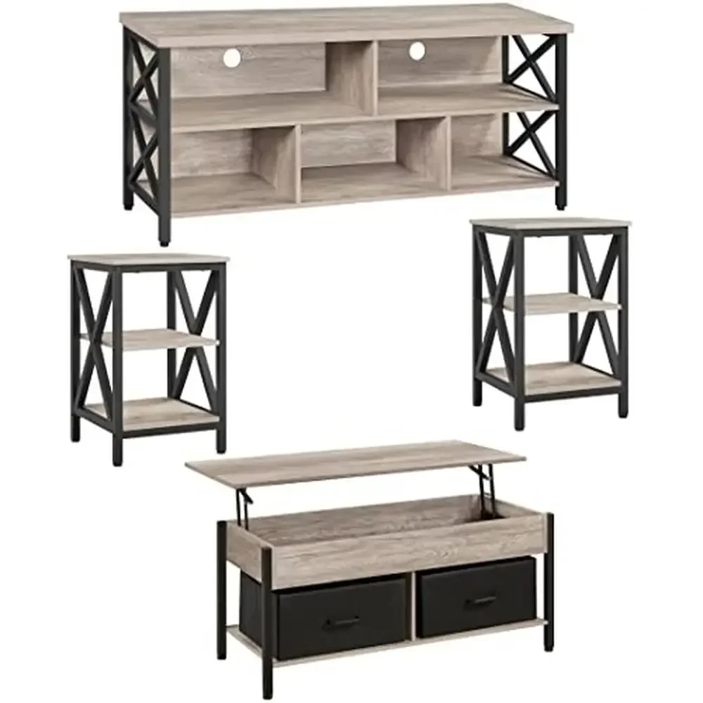 

Living Room TV Stand Set 65" TV Lift-top Coffee Table End Side Table Industrial Design 4-Piece Storage Baskets Symmetrical