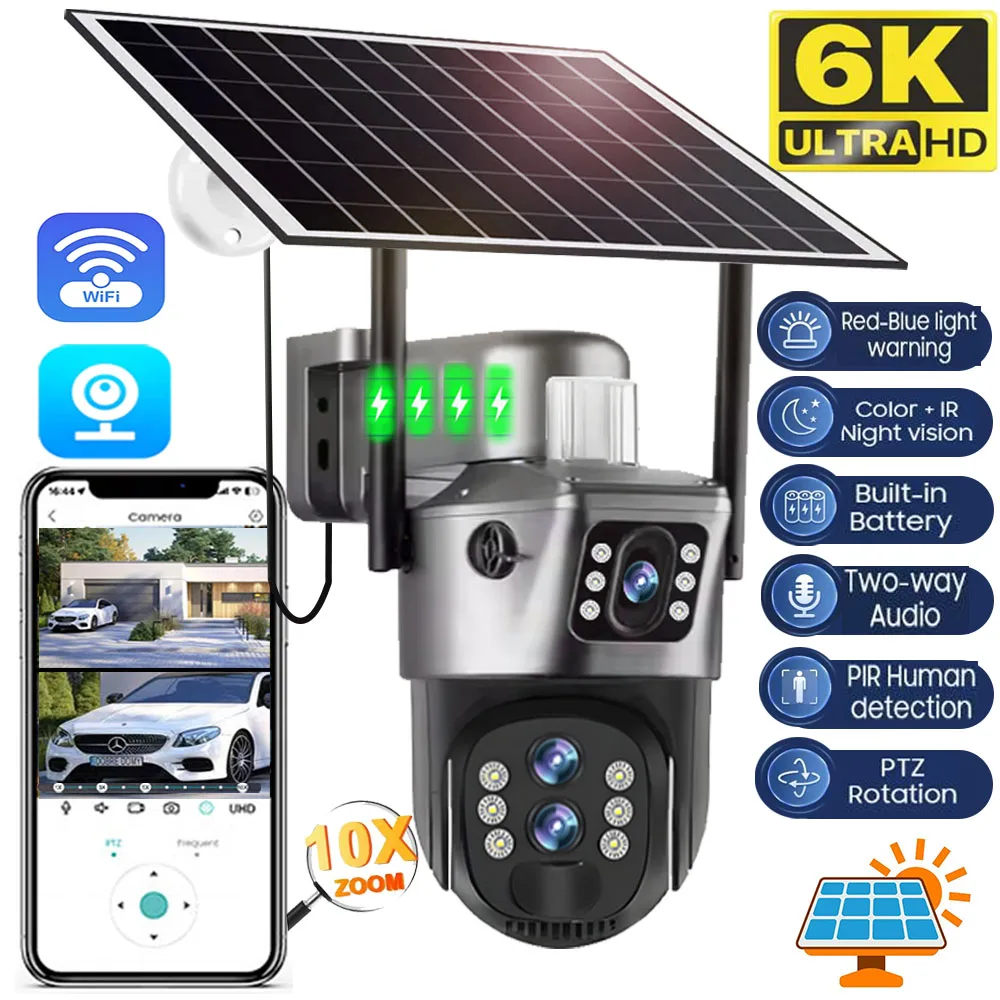 

Solar Cameras WiFi Outdoor Surveillance 6K 12MP 10X Zoom Three lens Security Camera Wireless Cctv 360 IP PTZ IP66 Video V380 Cam