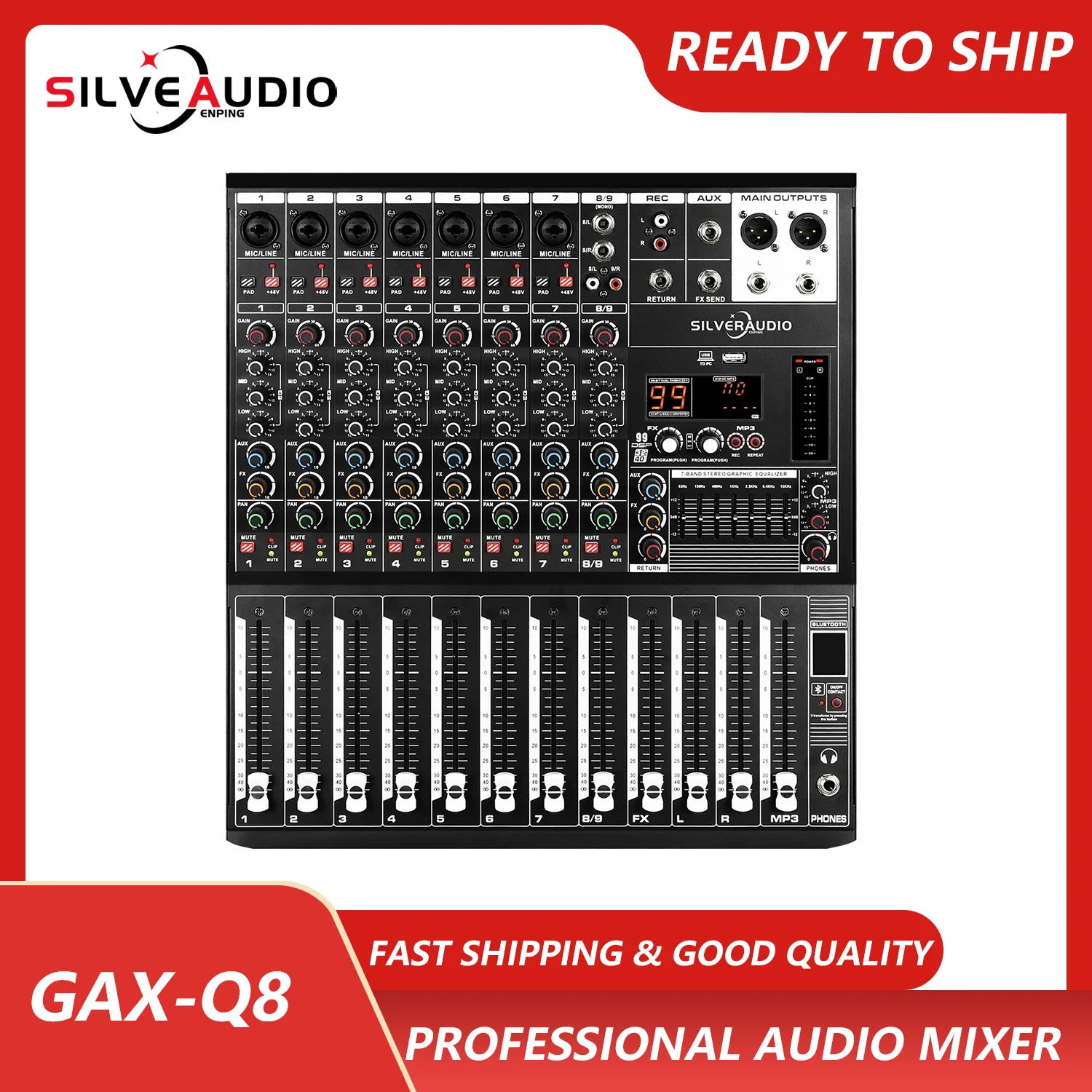 

GAX-Q8 Professional 8-Channel Audio Mixer With 99DSP Blueteeth 7-band Equalizer Mixer Factory Wholesale Price