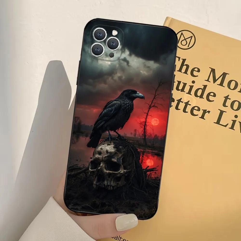 Raven Dark Crow Skull  Phone Case For iPhone 16,15,14,13,12,11,Pro,X,XS,Max,XR,Plus,Mini Soft Black Cover