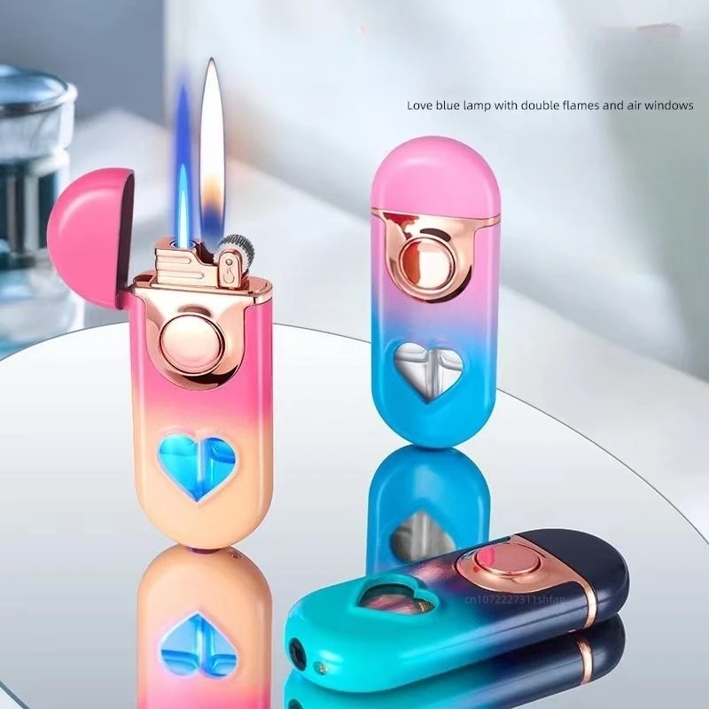 Metal Love Double Flame butano Gas Lighter Creative LED Blue Light trasparente Gas Window Grinding Wheel accensione accendisigari