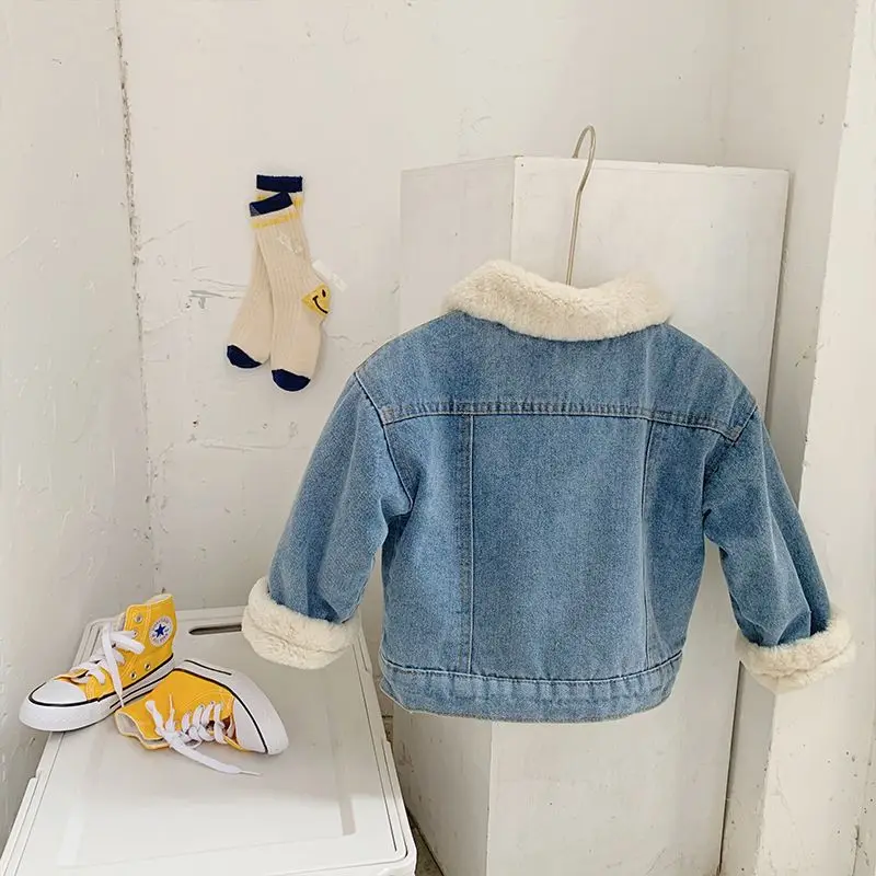 Children\'s Denim Jacket New Girls Plush and Thick Denim Jacket Korean Boys Baby Cotton Coat Autumn and Winter Clothing