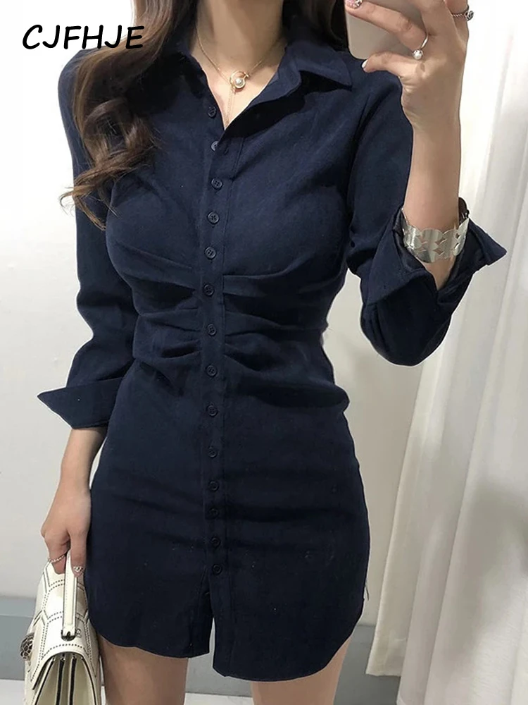 Mini Slim High Waist Solid Vestido Mujer Shirts Slim OL Retro All-match Temperament Pink Lapel Single Breasted Wrap Hip Dress