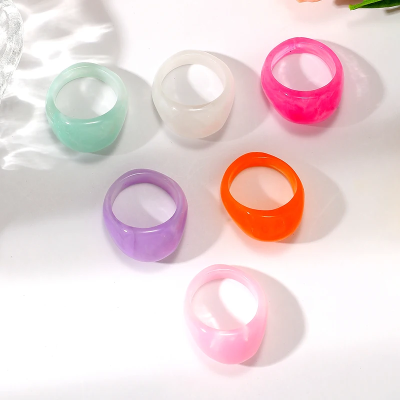 6 PCSEuropean and American Creative Colorful Transparent Acrylic Ring INS Personalized Simple Round Resin Ring for Men and Women