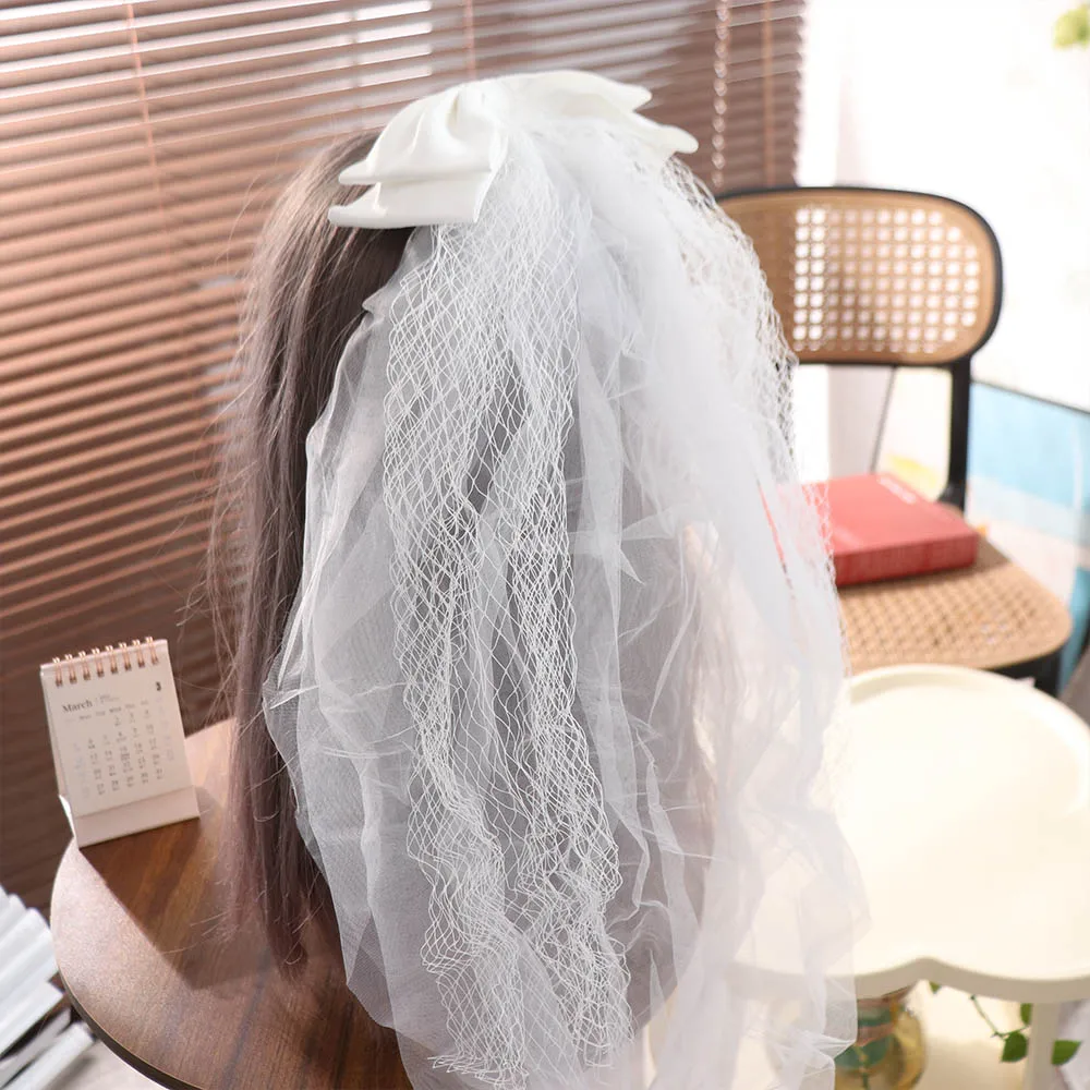 Retro Multi Layer Wedding Bridal Veil Short Lace White Bridal Tulle Gauze Mesh Pearl Bow Veil Girls Hair Accessories