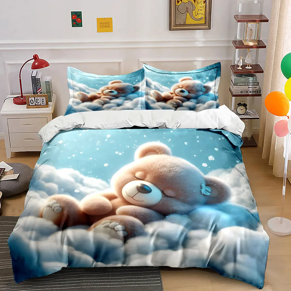 Plush Teddy Sleeping Peacefully Printed Duvet Cover Set1 Duvet Cover+2 PillowcaseMulti Size Bedroom Bedding Decor Luxury gifts