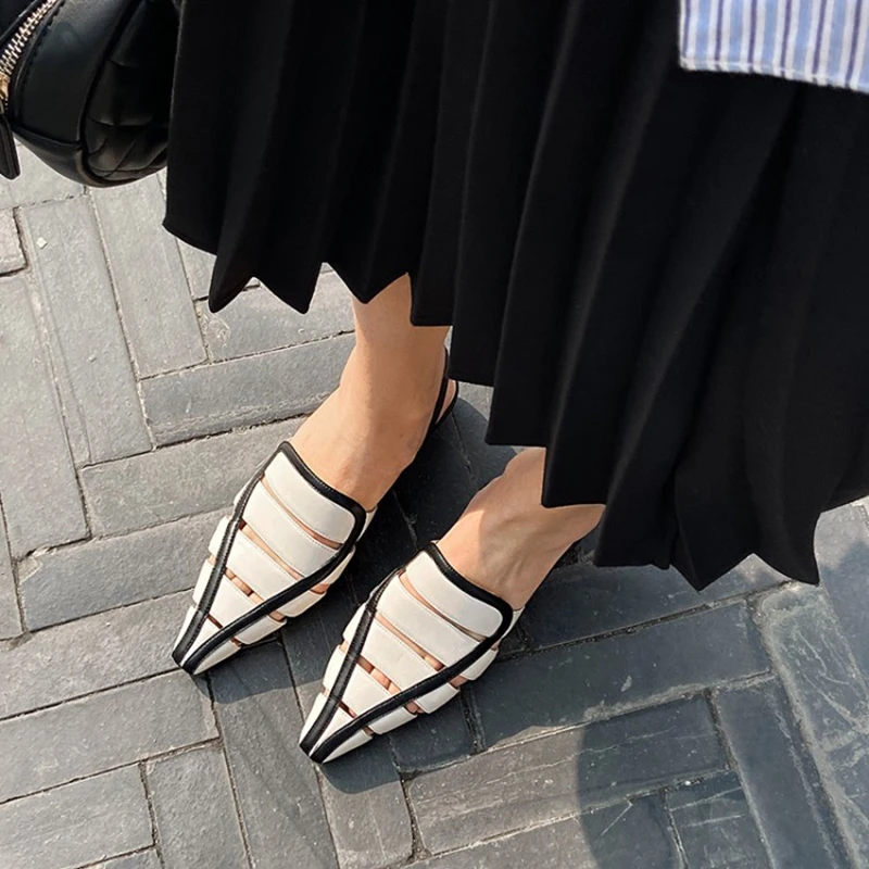 2023 Summer Women Sandals Cover Toe Slingback Outside Slides Genuine Leather Shoes for Women Concise Mixed Colors Women Slippers