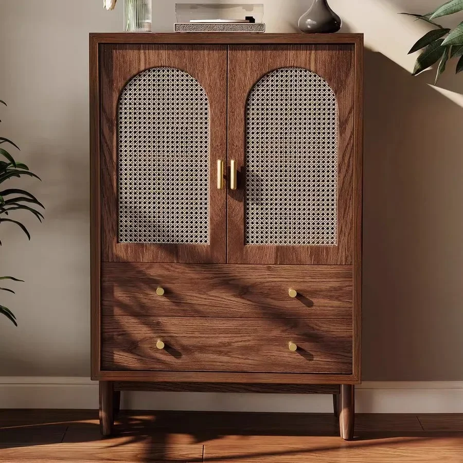 TV coffee table combination retro rattan solid wood frame living room French storage storagesmall apartment household bucket
