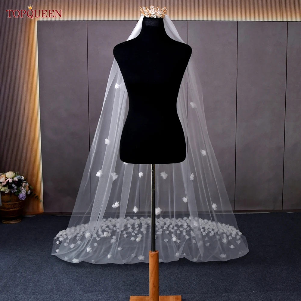 TOPQUEEN V93 Wedding Veil with 3d Flowers Cathedral Mantilla High Quality Bridal Veil Flowers Bridal Veil Soft Tulle Veil