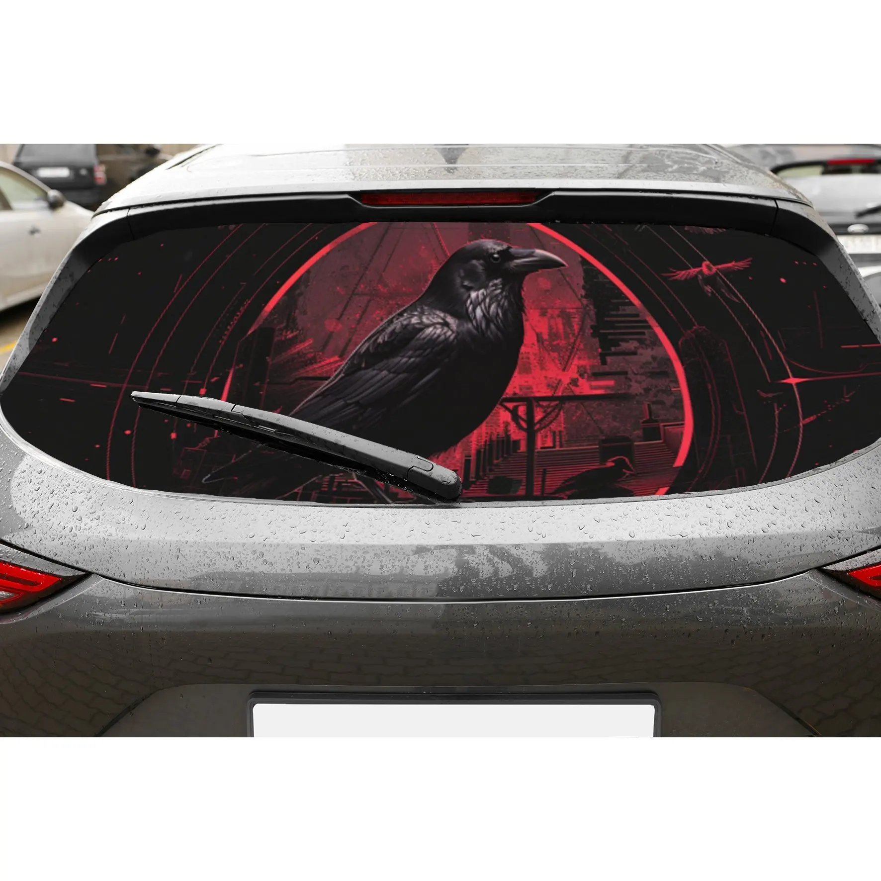 

Красный - черный стиль Raven, перфорированные автомобильные виниловые обертывания из ПВХ, улучшающий конфиденциальность дизайн для заднего окна, наклейка на заднее лобовое стекло автомобиля для