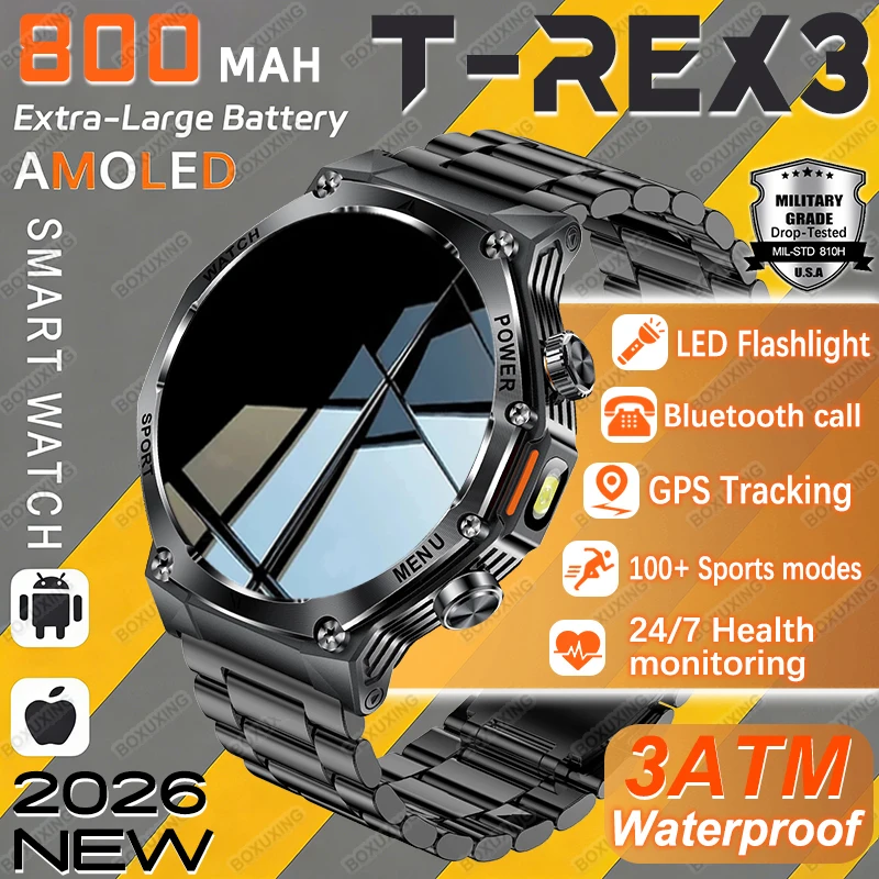 

Новые военные смарт-часы T-Rex 3 Ultra Sports для мужчин, аккумулятор 800 мАч, IP68, водонепроницаемый фонарик, прочные умные часы с пульсометром и вызовом