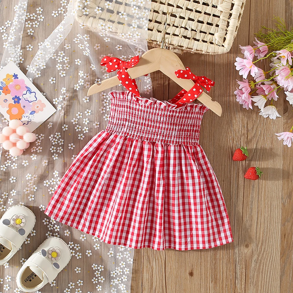 New Summer Dress for Baby Girls Suspender Plaid Strawberry A-Line Dress Sweet Princess Dress (Girls 0-3 years old)