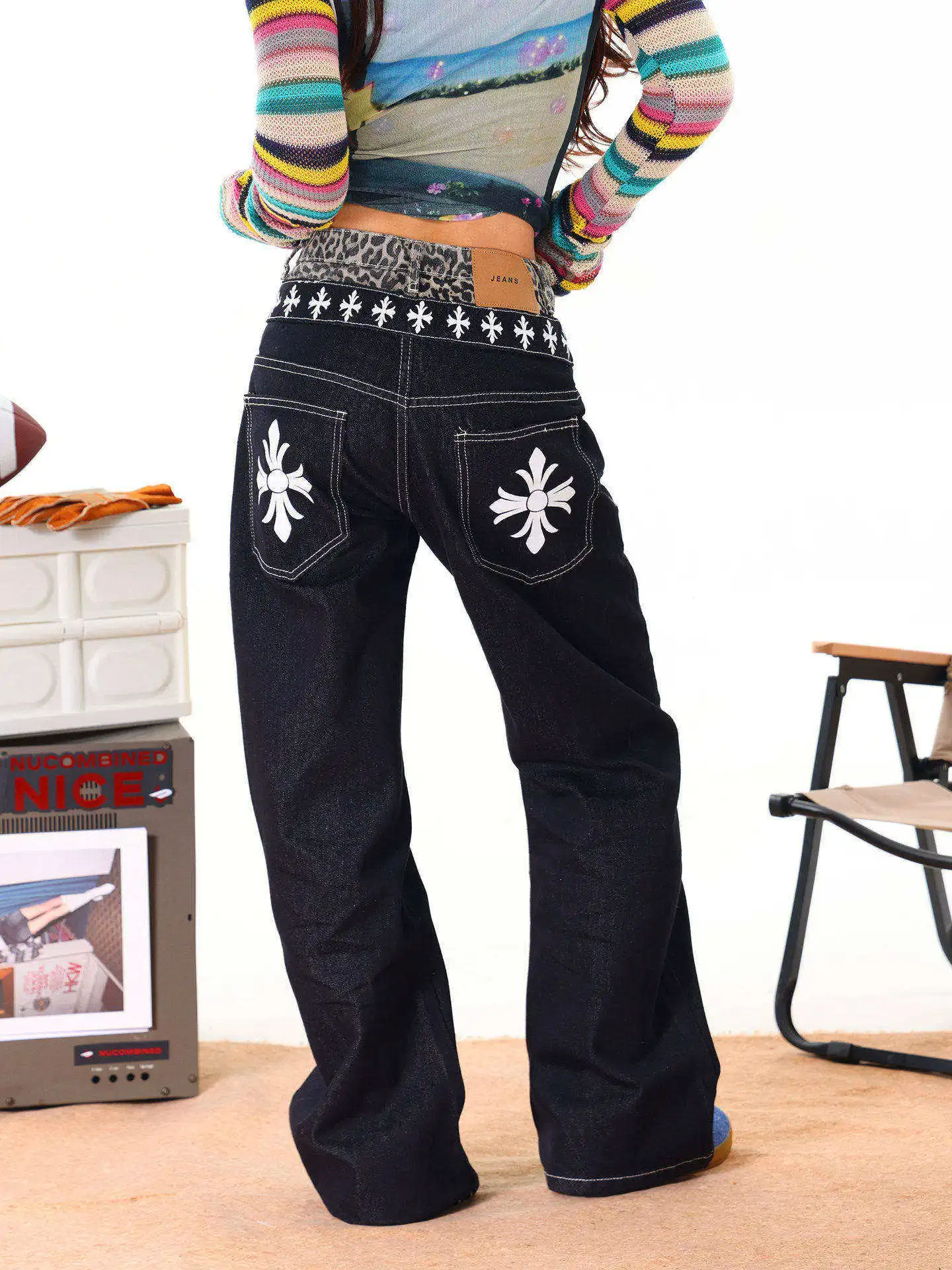 

High Waist Wide Leg Leopard Print Patchwork Denim Jeans Women's Early Spring New Sle Casual Comfortable Wear Resistant