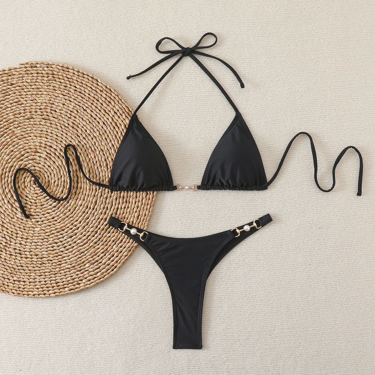 

Новый комплект бикини из двух частей: сексуальный треугольный купальник с завязками, пляжная одежда для отпуска, модный летний комплект (топ и плавки), пляжный наряд для курорта