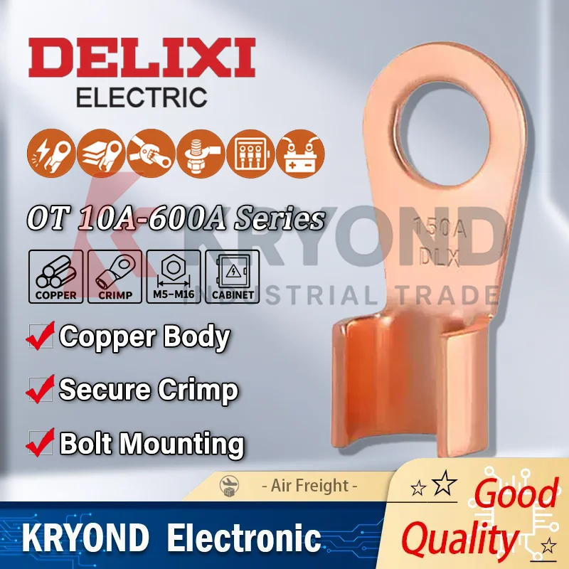 DELIXI OT Series Thickened Copper Cable Lugs Ring Crimp Terminals for Electrical Power Distribution Panel Wiring 10A-600A M5-M16