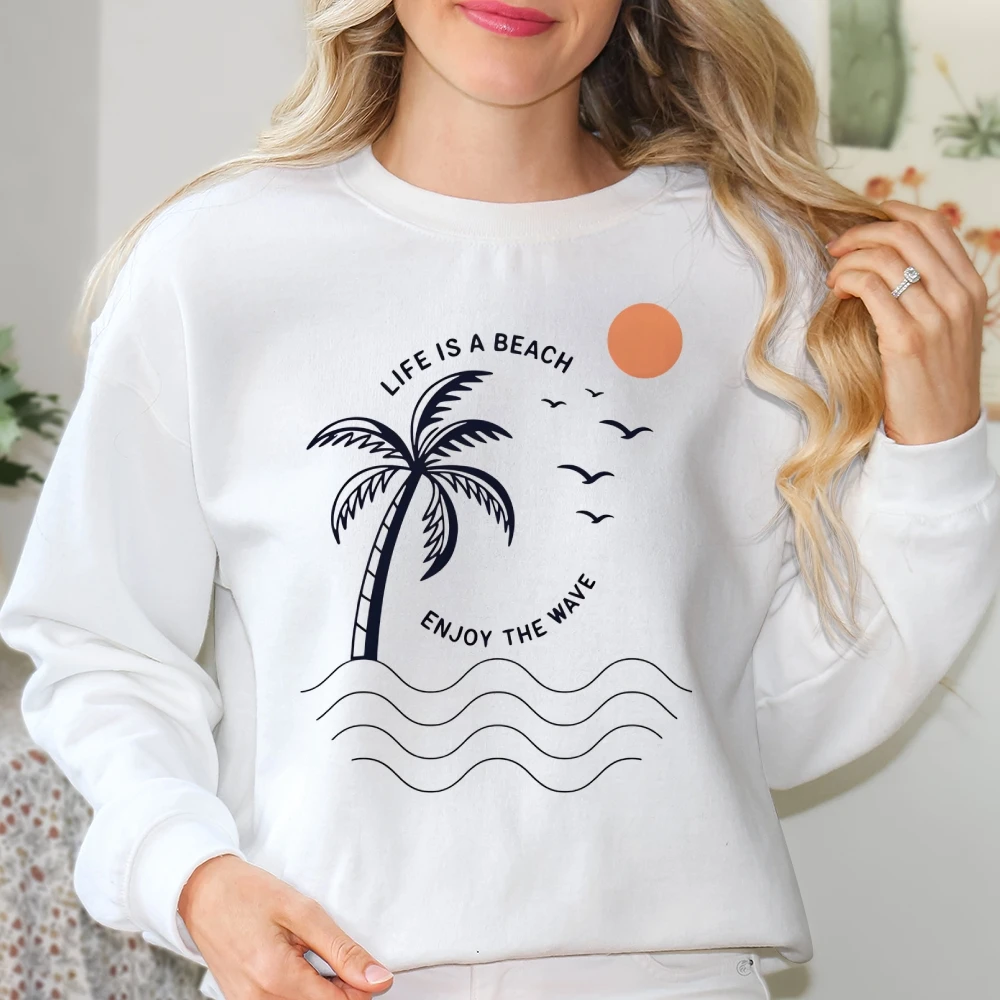 Y2K グラフィックカジュアルクルーネックスウェットシャツ女性服プリントストリート特大トップパーティー夏のココナッツの木快適な