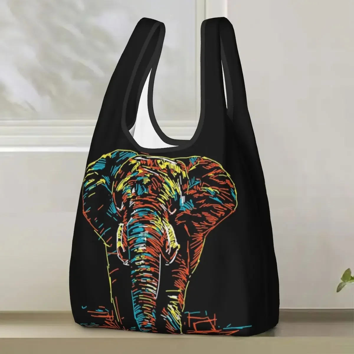 Colourful Abstract Elephant Neon Illustration Shopping Bag Portable Tote Bags Reusable Shoulder Shopper Bag Groceries Handbag