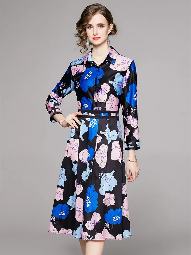 

2023 New Spring Holiday Flower Dress Women's Wrist Sleeve Floral Print Vintage Party Midi Pleated Female Vestidos