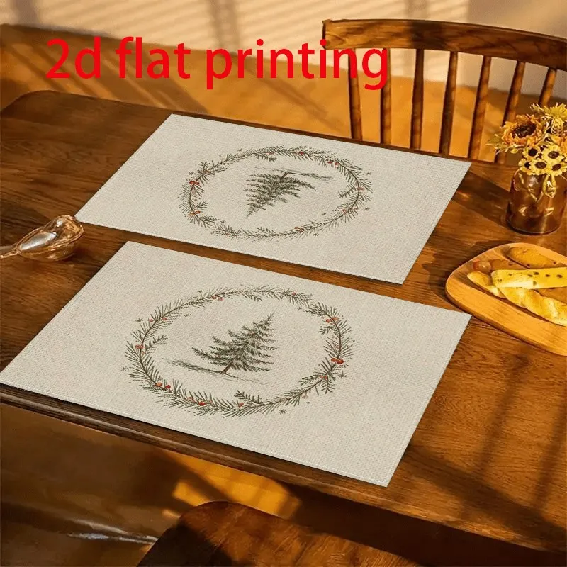 VIKAMA Christmas Linen Placemat, Minimalist Pine Wreath Tree Line Art, Natural Linen Easy Clean, Everyday Dining