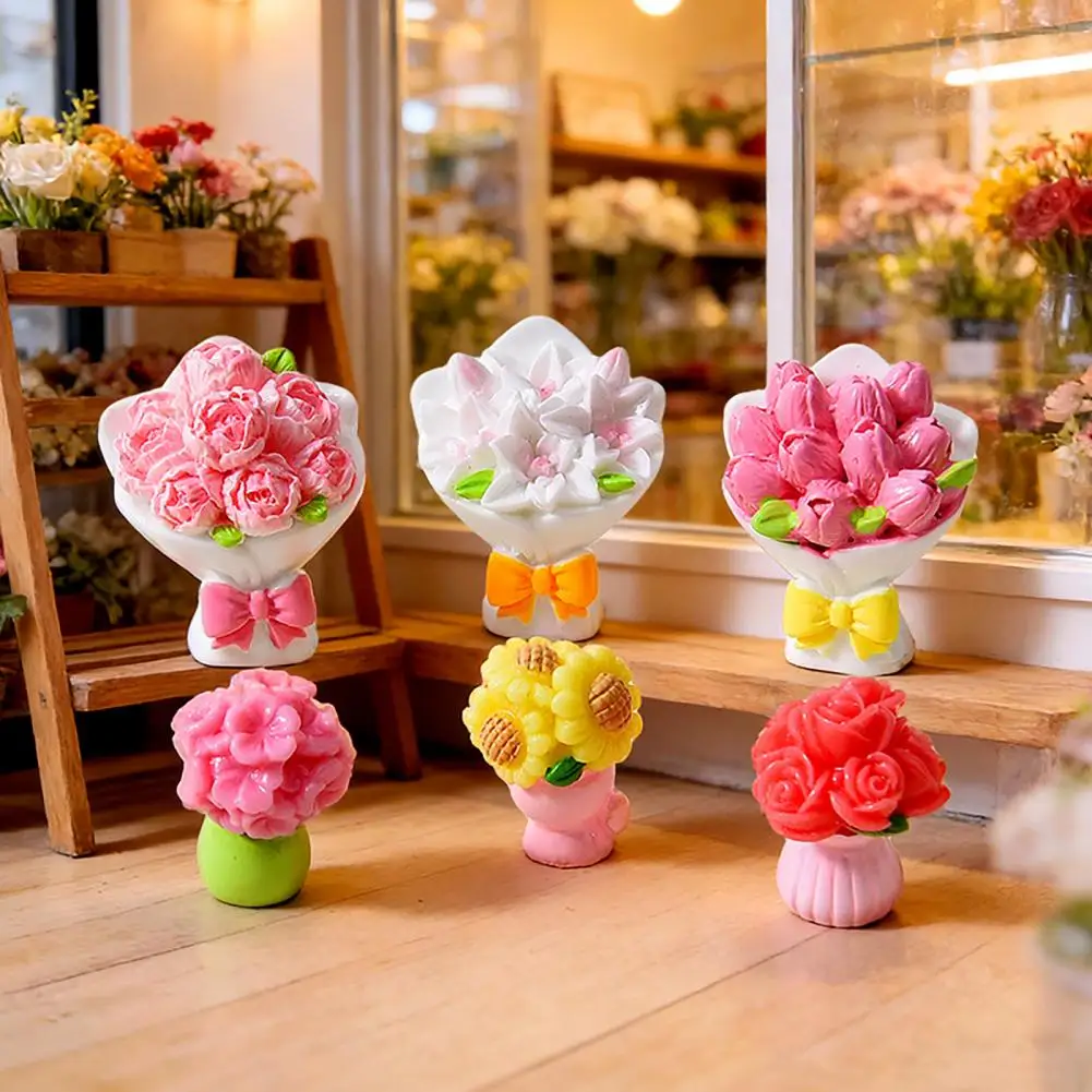 Figurine Mini Flower Bouquet Miniature Dollhouse Flower Bouquet Set Artificial Resin Rose Tulip Sunflower Diy Garden Bonsai