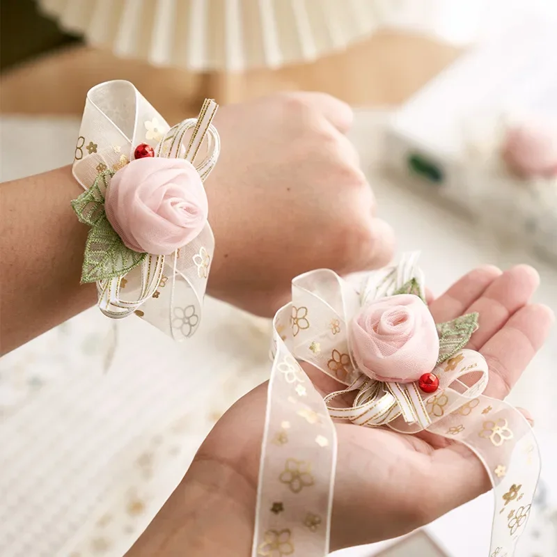 Noble เพื่อนเจ้าสาวเจ้าสาวดอกไม้ข้อมือเทียม Pearly สีชมพู Peony ข้อมือ Corsage งานแต่งงาน Ball Party ริบบิ้น Rose สร้อยข้อมือแต่งงาน