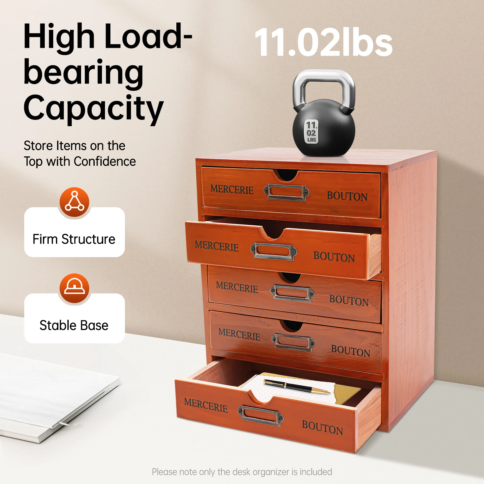 

5 Drawer Wooden Desk Organizer Pine Wood Office Storage Box with Label Slots for Stationery Files Cosmetics Home Office Decor