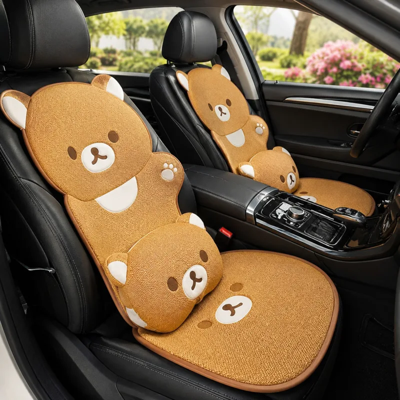 Cute Rilakkuma Linen Car Seat Cushion Four Season Universal Single Rear Seat Pad Breathable Summer Cool Auto Seat Cover