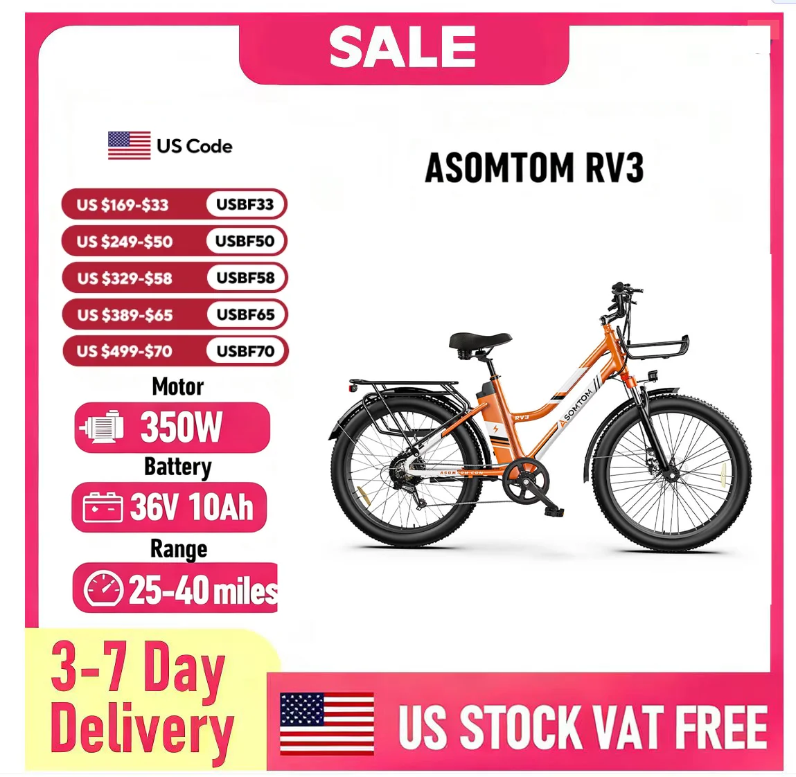 

ASOMTOM RV3 26" Urban Commuter Electric Bike 350W Motor 36V 10Ah Battery