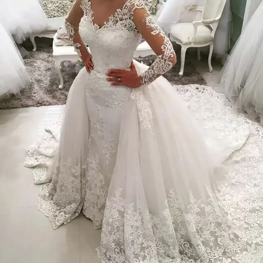 

2 In 1 Mermaid Wedding Dress Lace Appliques V-Neck Open Back Long Sleeves Ivory Tulle Elegant Bridal Gown Customized