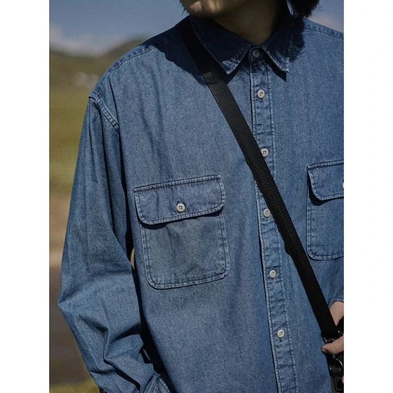 Vintage Denim Shirt Men Women Multi-pocket Cargo Long-sleeved Jacket Solid Color Casual Loose Cowboy Coat Spring Couples Unisex