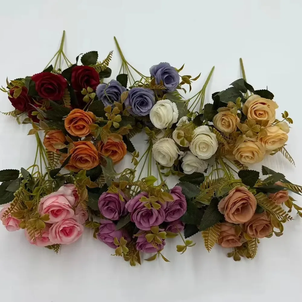 20pcs 6-Head Folded Autumn Mini Rose Faux Bouquet Evergreen Home Wedding Thanksgiving Decor