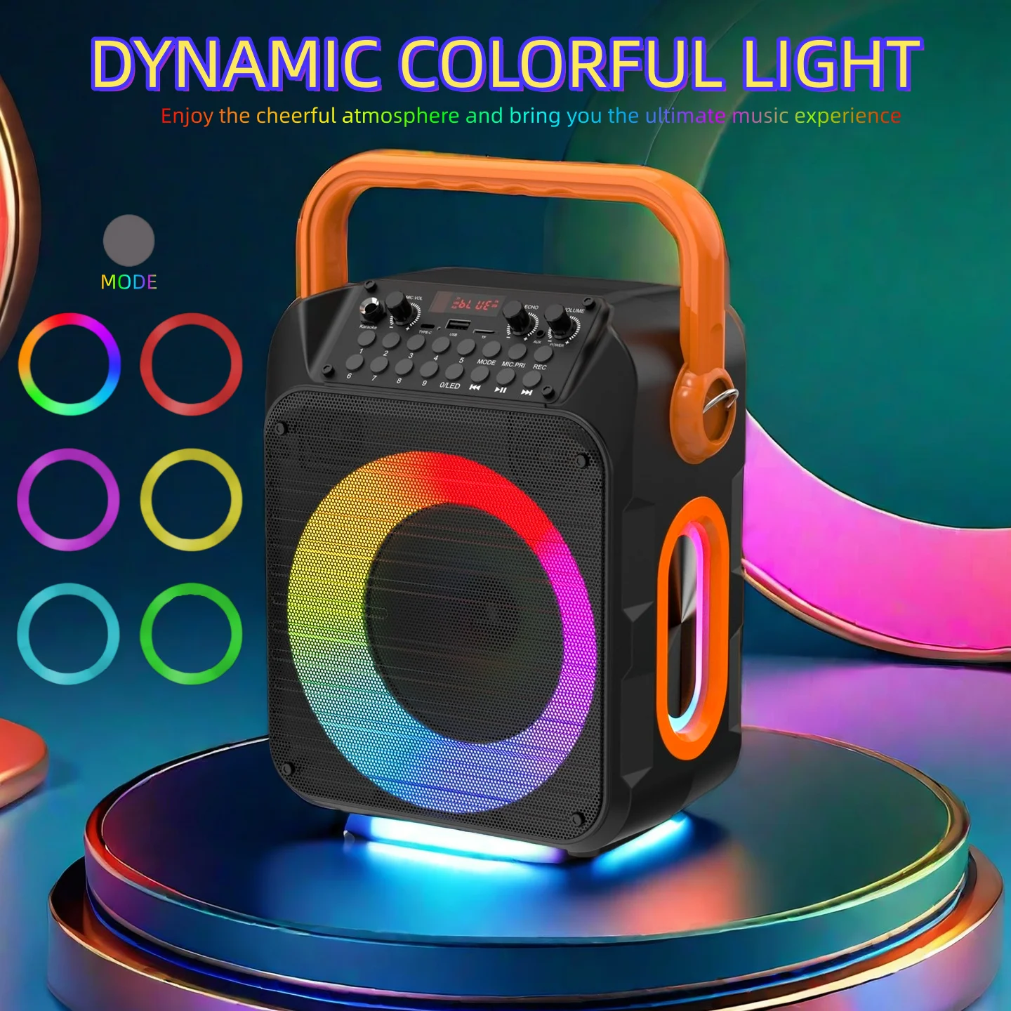 Karaoke machine, 2 wireless microphones, LED colorful lights, high-power speaker, portable Bluetooth speaker, supports Bluetooth