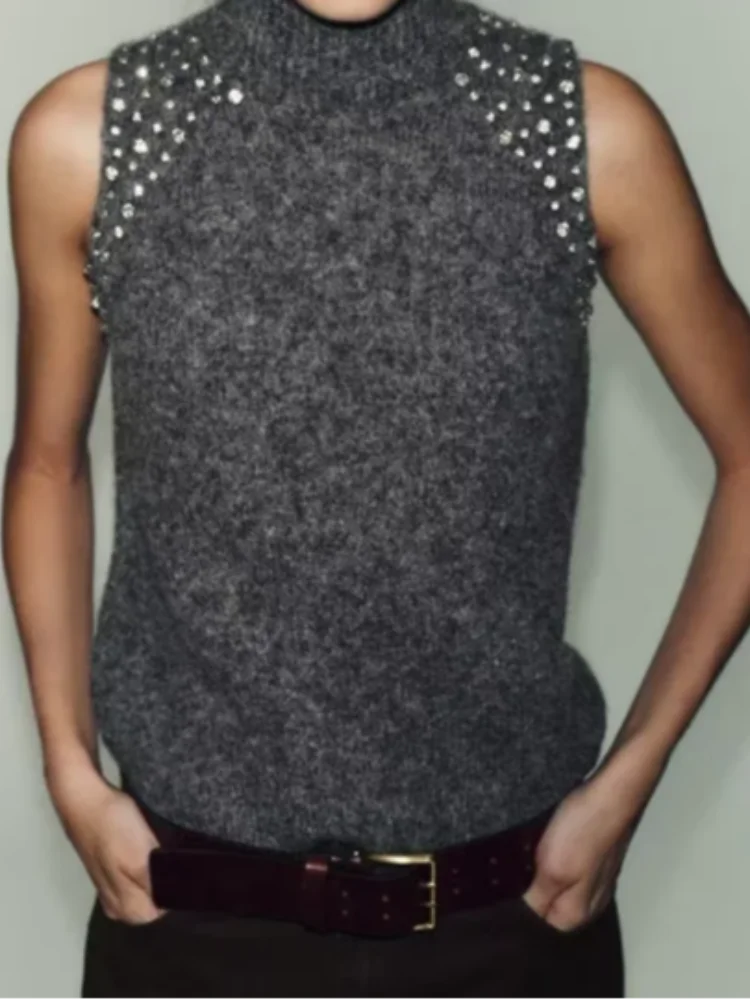 

Grey Diamonds Kintted Sleeveless Pullover Women Fashion Solid High Collar Short Slim Sweater Lady Daily Commute Street Pullovers