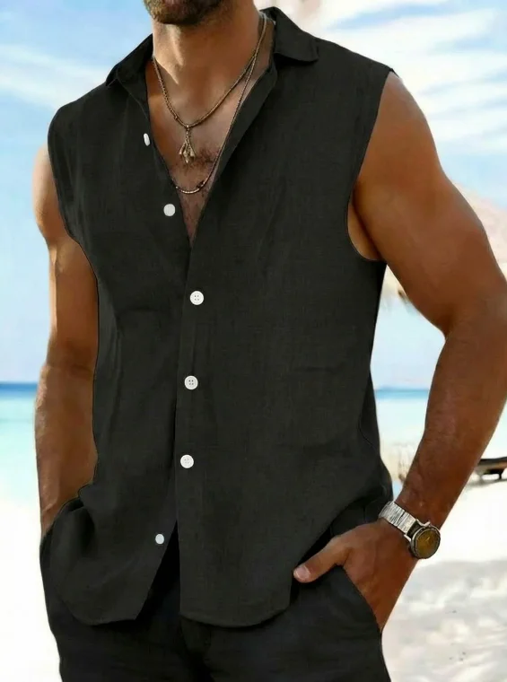 

The new men's soft and breathable satin sleeveless shirt has a wrinkle-resistant feature. It is a casual and comfortable top.