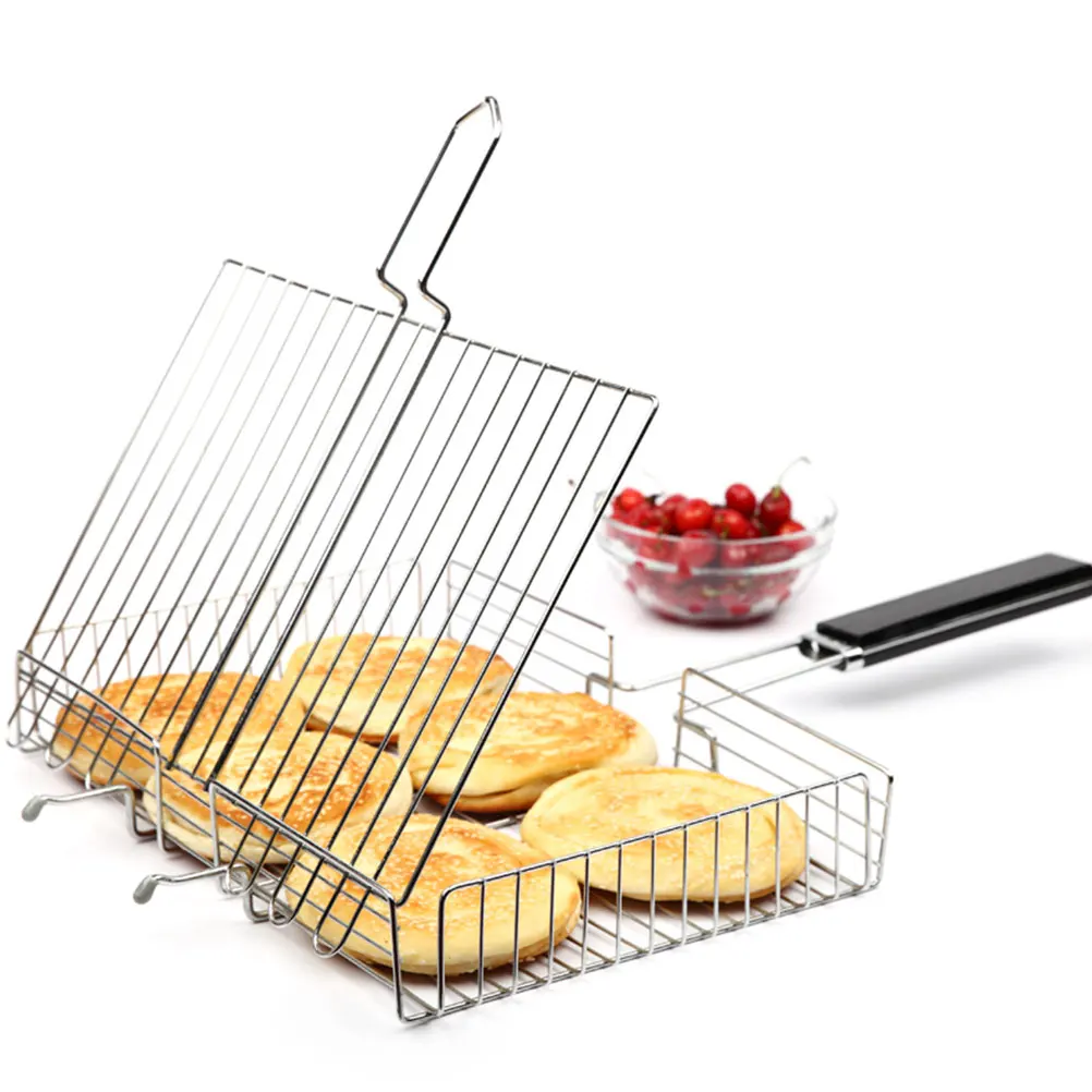 

1pc Stainless Steel Camping Rack Iron Plating Wood Handle High Temp Resistant Foldable Lightweight Strong