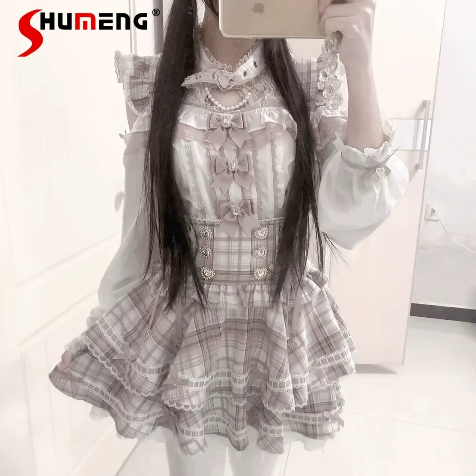 

Japanese Mine Style Sweet All-matched Lolita Skirts Ruffles Splicing Heart Buckle High Waist Lace-up Slim Fit Plaid Skirt Women