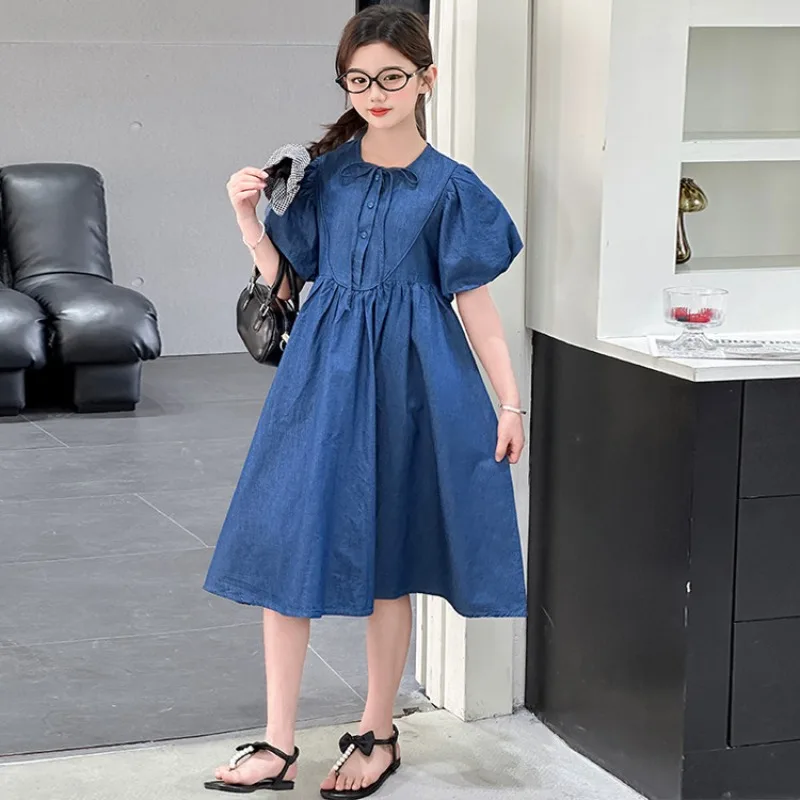여아 여름 원피스 여름 패션 아동 톈시 데님 드레스 키즈 퍼프 소매 공주 드레스 2025 신상