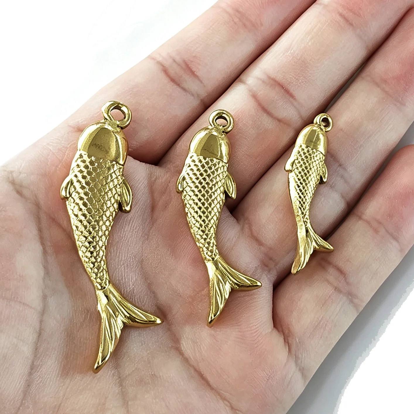 3pcs Stainless Steel 3D Fish Charms 18K PVD Gold Waterproof Pendant Connectors for Necklace Keychain DIY Jewelry Making Supplies - view 3