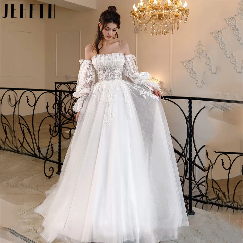 

JEHETH Romantic A-Line Off Shoulder Wedding Dress Simple Three Quarter Sleeves Tulle Bride Gowns Lace Up Applique robe de mariée