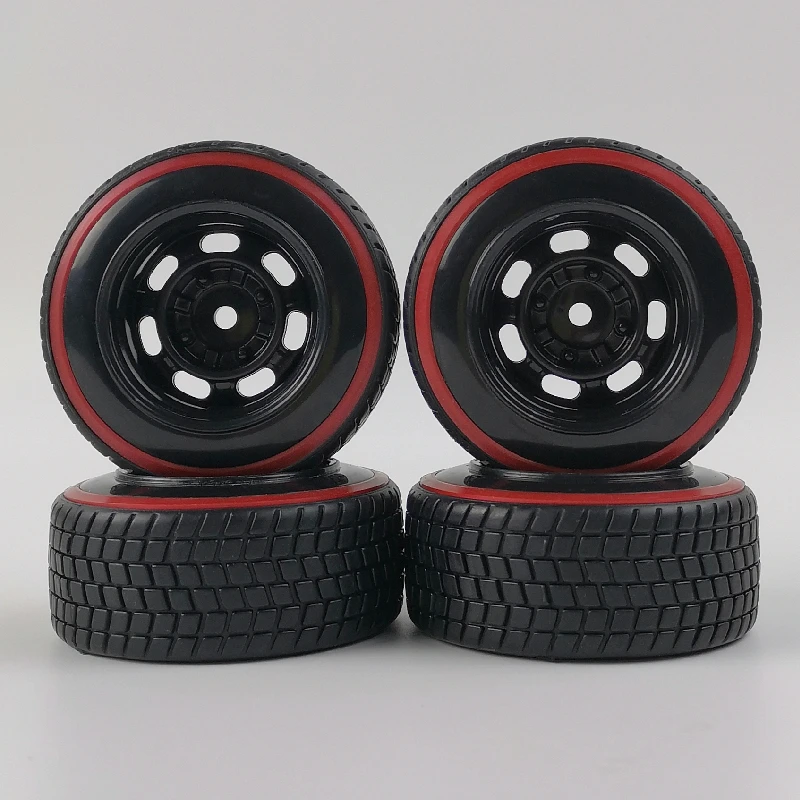 4pcs 9mm Offset 1/10 Scale Plastic Wheels Rims with Hard Plastic Tire with Red Insert RC Car Drift On road Touring Model Hobby