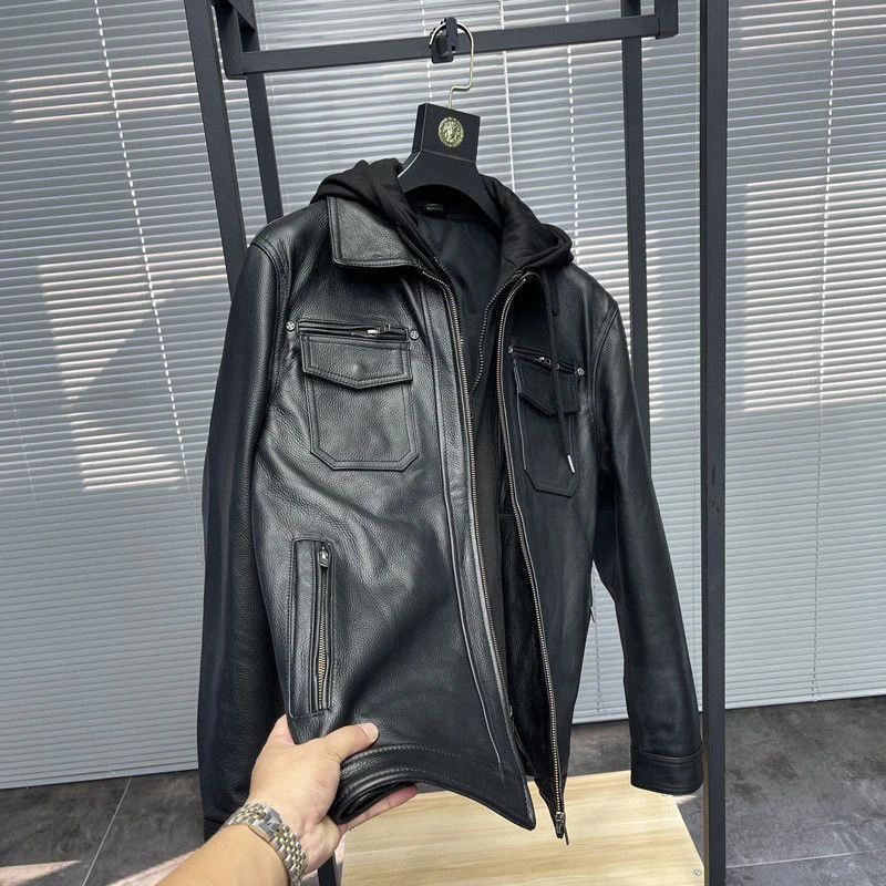 

Faionable Biker Sle Мужская кожаная куртка с капюшоном Slim Fit Повседневная многоэтажная элитная осенне-зимняя верхняя одежда пальто
