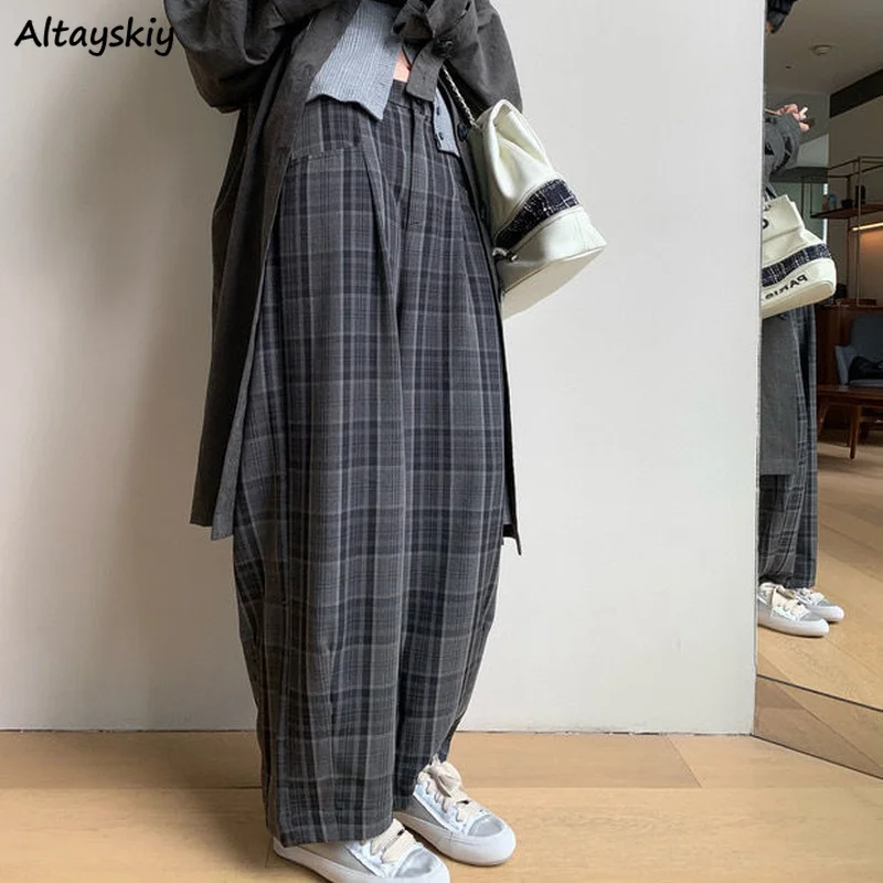 Wide Leg Pants Women Plaid Baggy Harajuku All-match Basic Vintage Female Trousers Spring Autumn Pockets Unisex Japanese Style