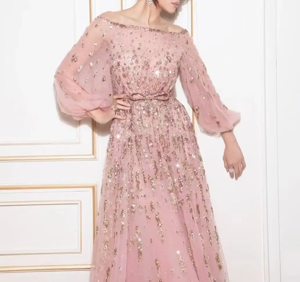 FATAPAESE Op maat gemaakte kristallen met kralen Boothals Gezwollen mouwen Kristallen Gouden pailletten Alle overdekkingskleding Speciale gelegenheden