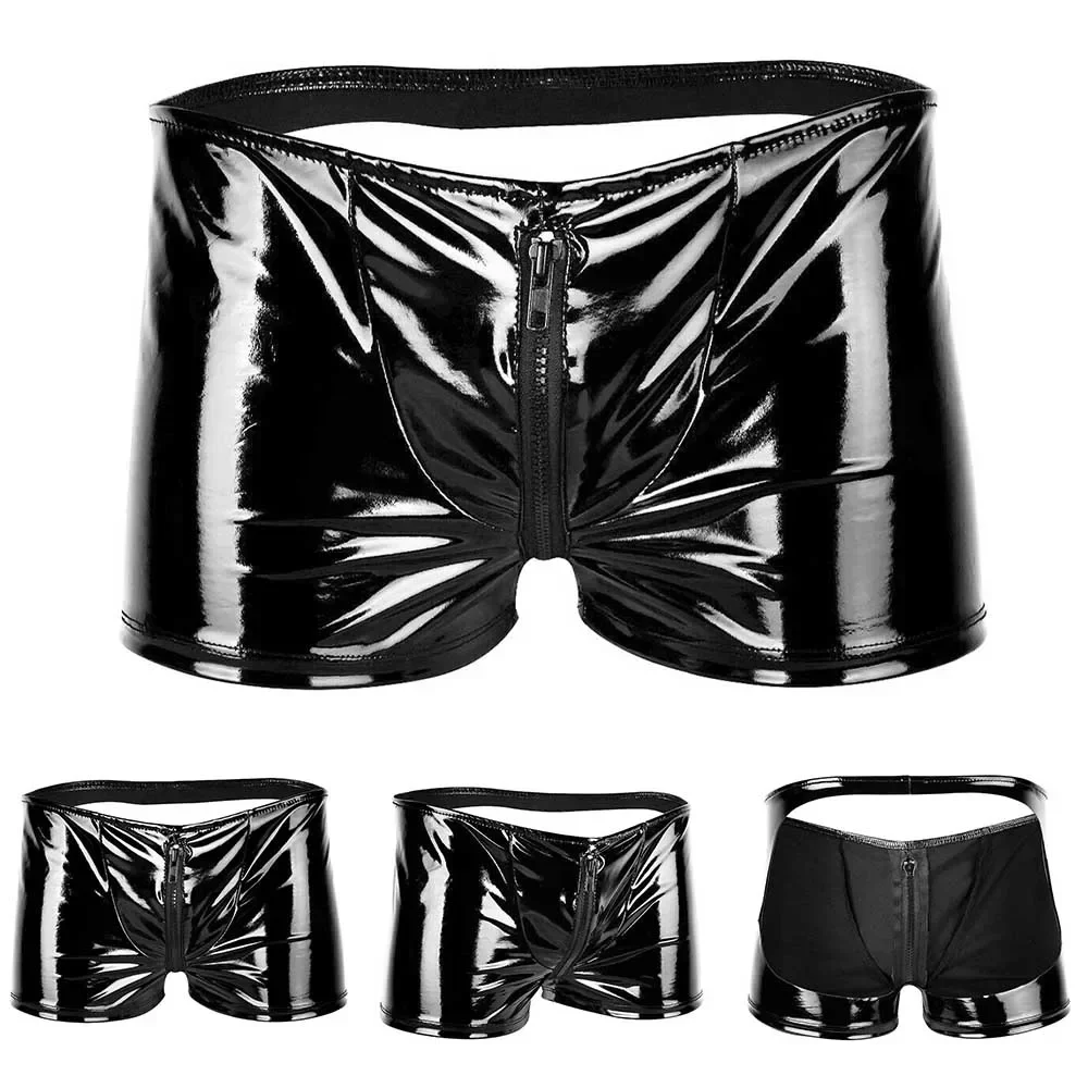 Men\'s PVC Zip Pouch Backless Briefs Wet-Look Lingerie Boxer Trunks Shorts Gay Male Funny Open-Back Jockstrap Open Butt Panties